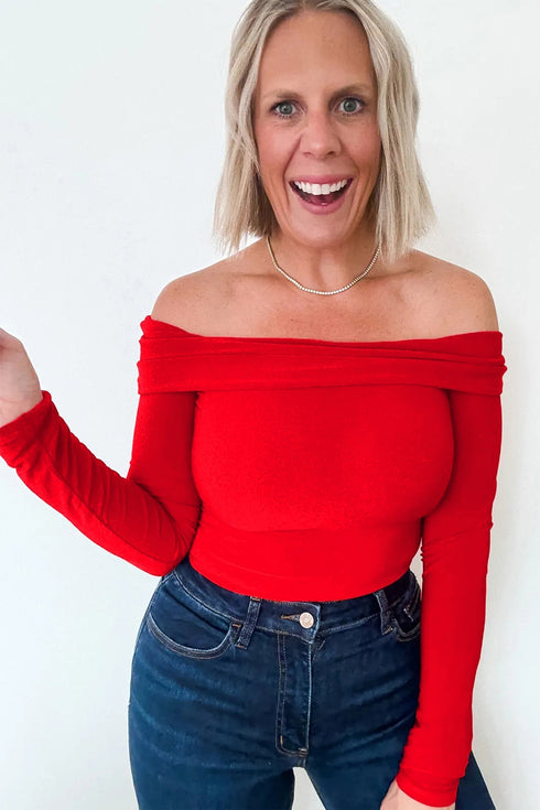 Foldover Off Shoulder Long Sleeve Stretch Viscose Fitted Top