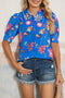 Folk Art Floral Print Puff Sleeve Mandarin Collar Button Down Top