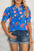 Folk Art Floral Print Puff Sleeve Mandarin Collar Button Down Top