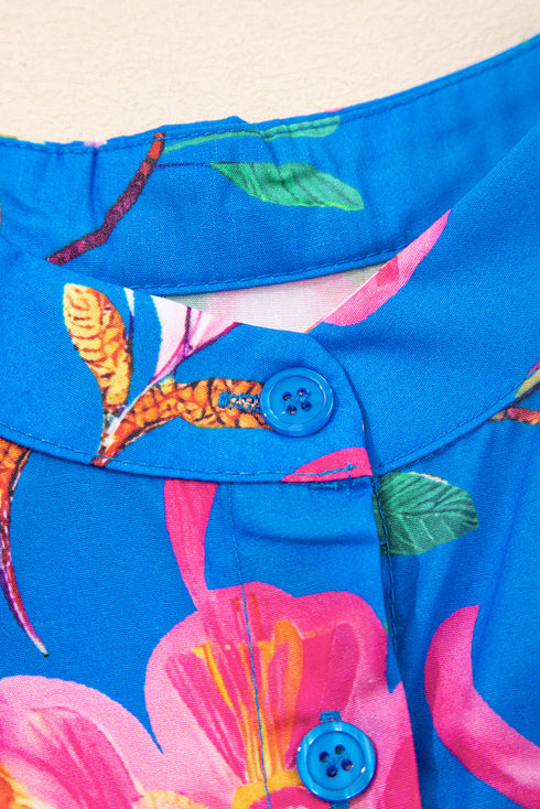 Folk Art Floral Print Puff Sleeve Mandarin Collar Button Down Top