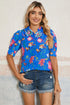 Folk Art Floral Print Puff Sleeve Mandarin Collar Button Down Top
