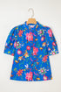 Folk Art Floral Print Puff Sleeve Mandarin Collar Button Down Top