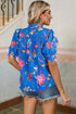 Folk Art Floral Print Puff Sleeve Mandarin Collar Button Down Top