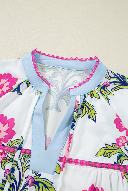 Folk Floral Print Tassel Tie Split Neck Embroidered Peasant Blouse