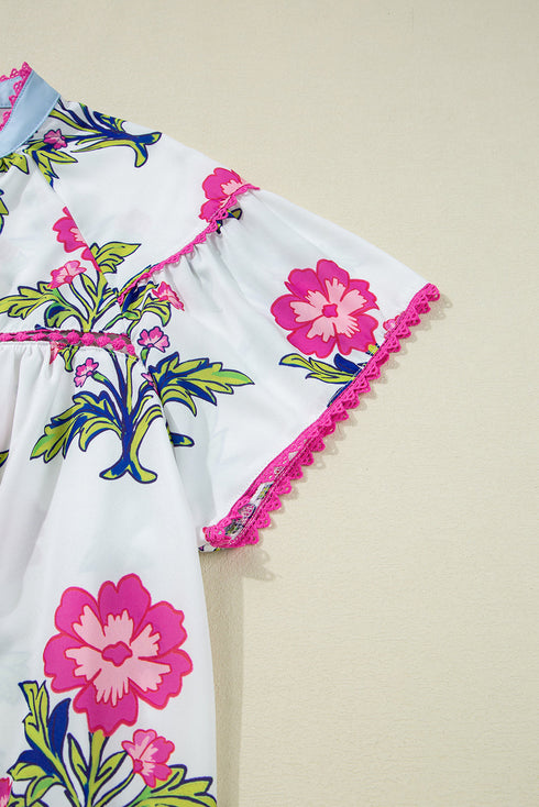 Folk Floral Print Tassel Tie Split Neck Embroidered Peasant Blouse