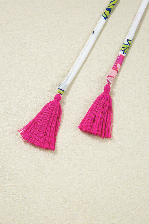 Folk Floral Print Tassel Tie Split Neck Embroidered Peasant Blouse