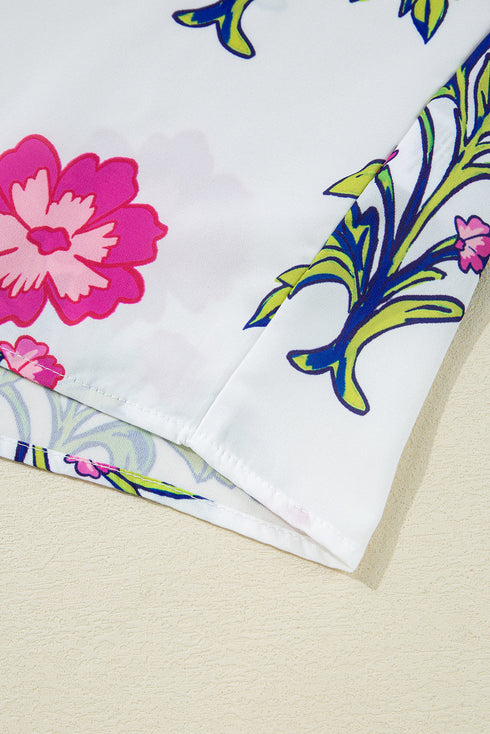 Folk Floral Print Tassel Tie Split Neck Embroidered Peasant Blouse