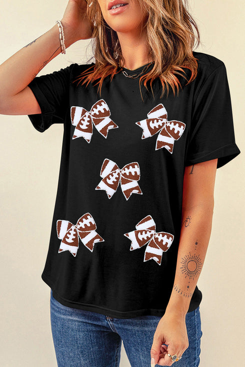 Football Bow Graphic Print Short Sleeve Crew Neck Tee