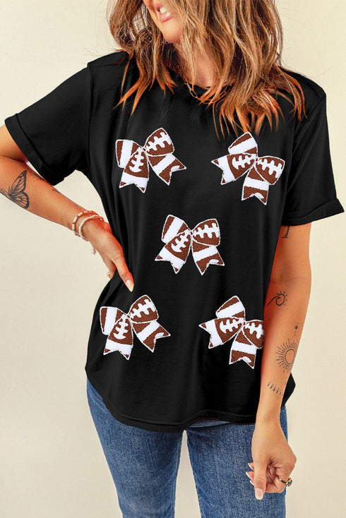 Football Bow Graphic Print Short Sleeve Crew Neck Tee