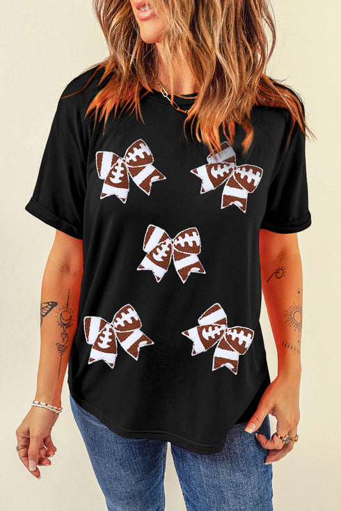 Football Bow Graphic Print Short Sleeve Crew Neck Tee