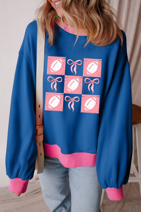 Football Bow Grid Graphic Contrast Trim Pullover Sweatshirt