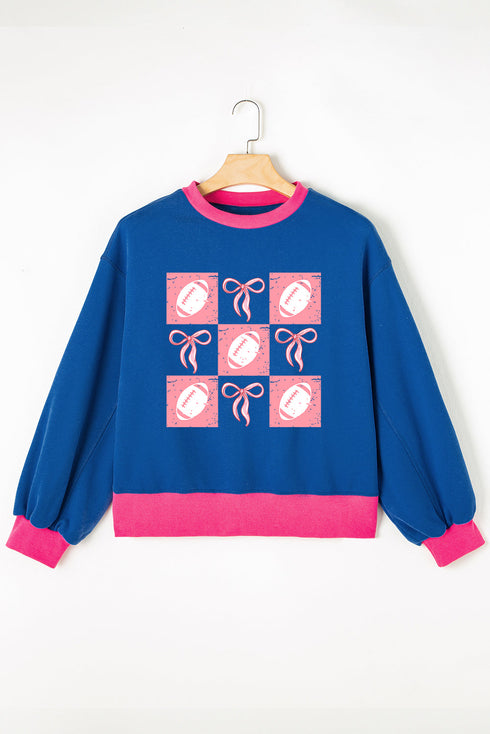 Football Bow Grid Graphic Contrast Trim Pullover Sweatshirt