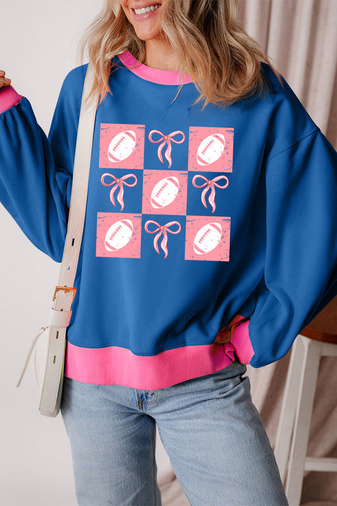 Football Bow Grid Graphic Contrast Trim Pullover Sweatshirt