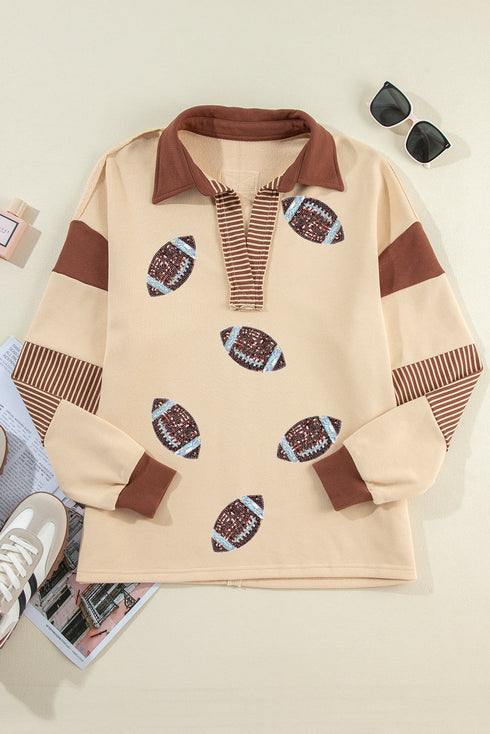 Football Graphic Striped Accent Collared V Neck Sweatshirt