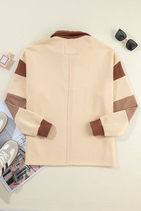 Football Graphic Striped Accent Collared V Neck Sweatshirt