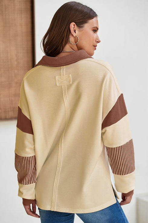 Football Graphic Striped Accent Collared V Neck Sweatshirt