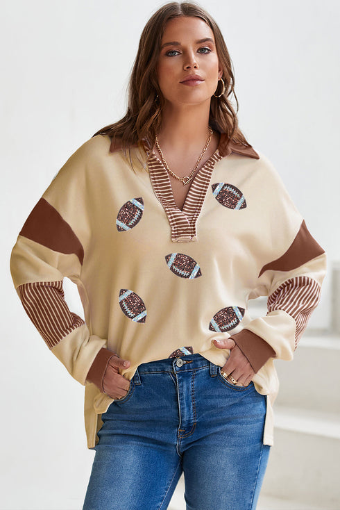 Football Graphic Striped Accent Collared V Neck Sweatshirt