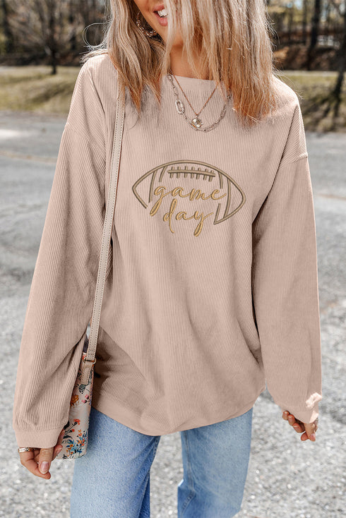 Football Script Graphic Corded Texture Crew Neck Sweatshirt