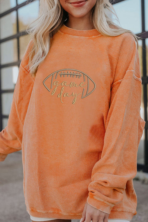 Football Script Graphic Corded Texture Crew Neck Sweatshirt