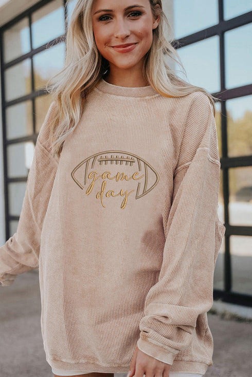 Football Script Graphic Corded Texture Crew Neck Sweatshirt