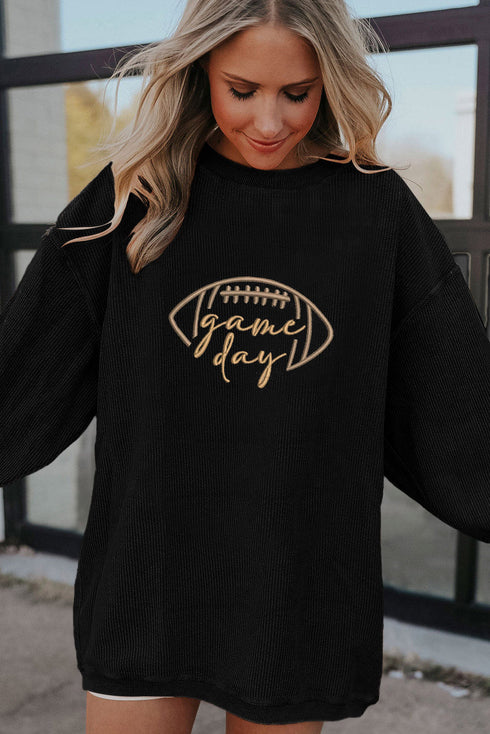 Football Script Graphic Corded Texture Crew Neck Sweatshirt