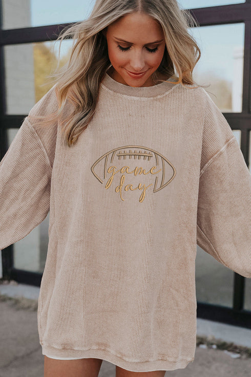 Football Script Graphic Corded Texture Crew Neck Sweatshirt