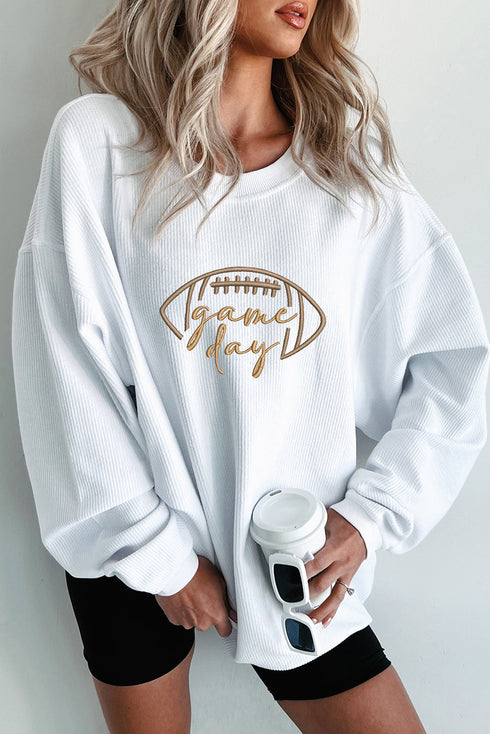 Football Script Graphic Corded Texture Crew Neck Sweatshirt