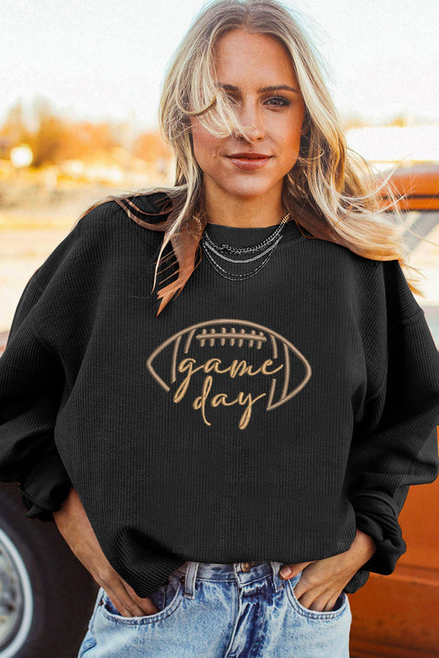 Football Script Graphic Corded Texture Crew Neck Sweatshirt