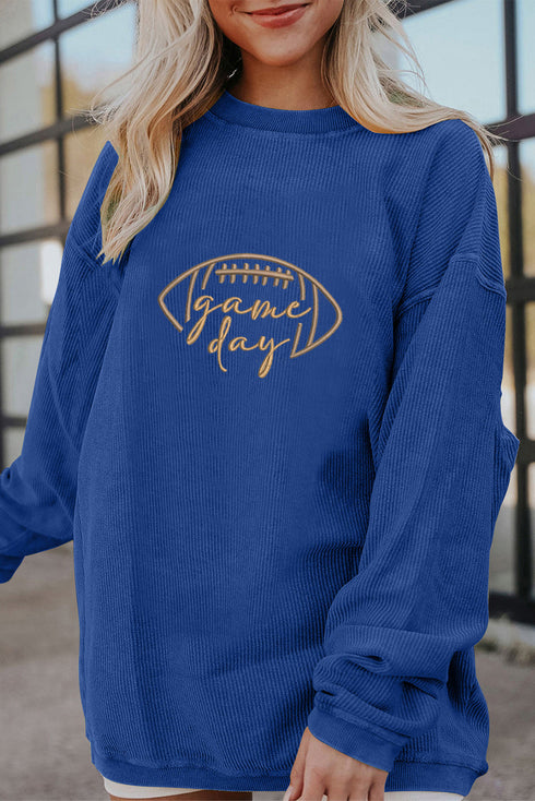 Football Script Graphic Corded Texture Crew Neck Sweatshirt
