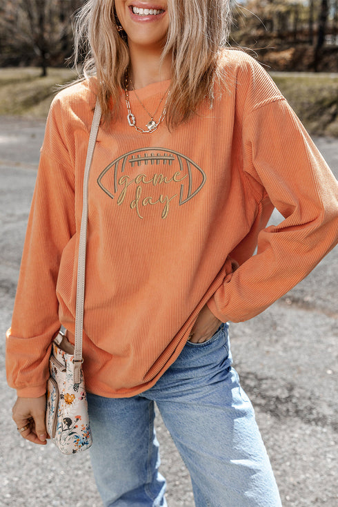 Football Script Graphic Corded Texture Crew Neck Sweatshirt
