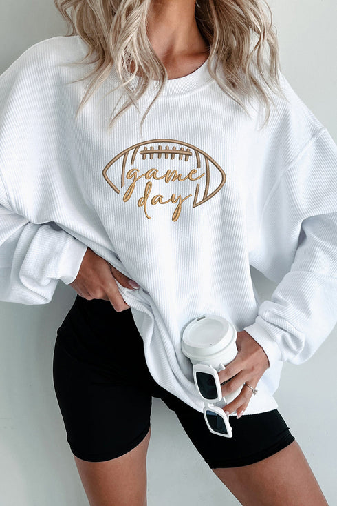 Football Script Graphic Corded Texture Crew Neck Sweatshirt