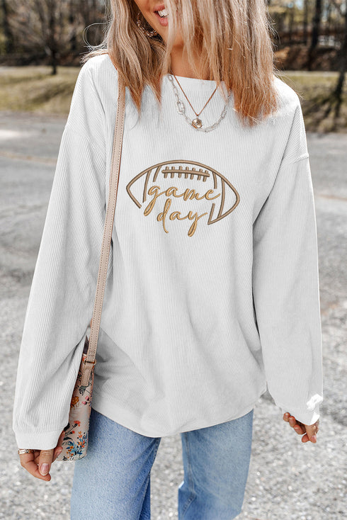 Football Script Graphic Corded Texture Crew Neck Sweatshirt