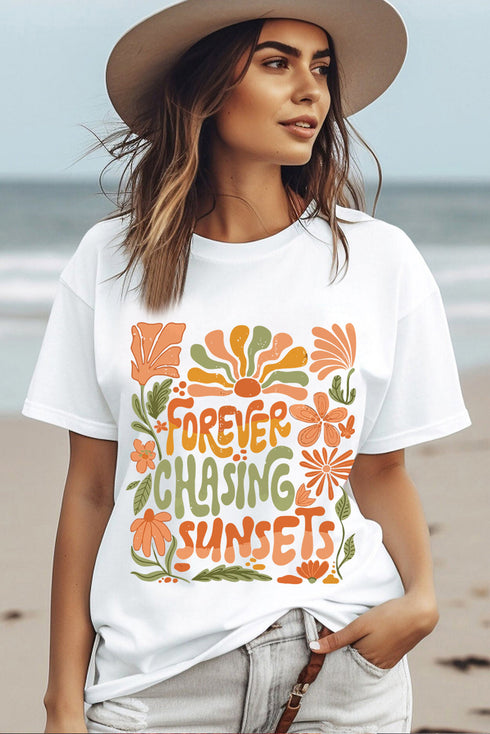 Forever Chasing Sunsets Floral Letter Graphic Print Tee