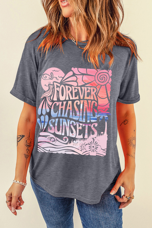 Forever Chasing Sunsets Graphic Print Rolled Sleeve Tee