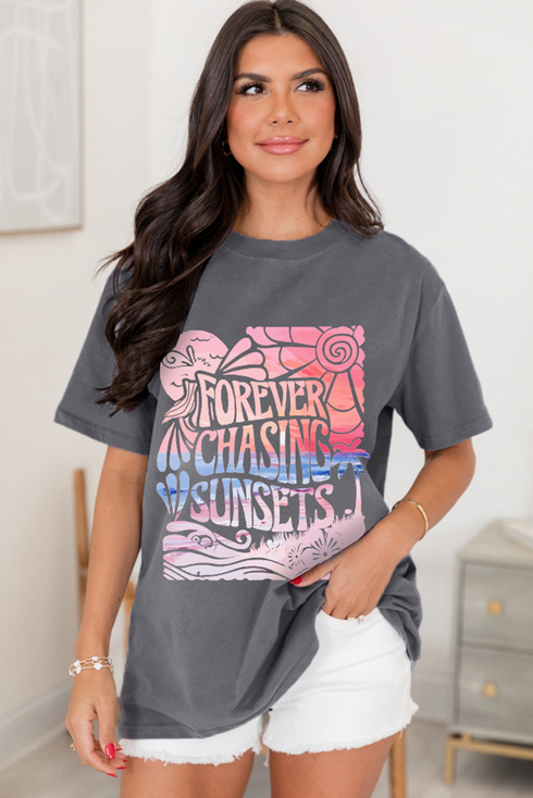 Forever Chasing Sunsets Graphic Print Rolled Sleeve Tee