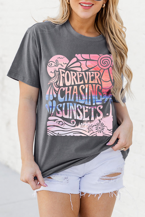 Forever Chasing Sunsets Graphic Print Rolled Sleeve Tee