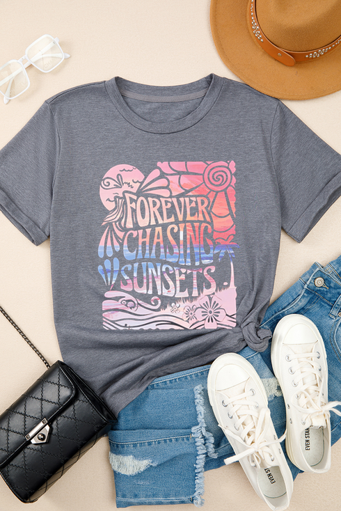 Forever Chasing Sunsets Graphic Print Rolled Sleeve Tee