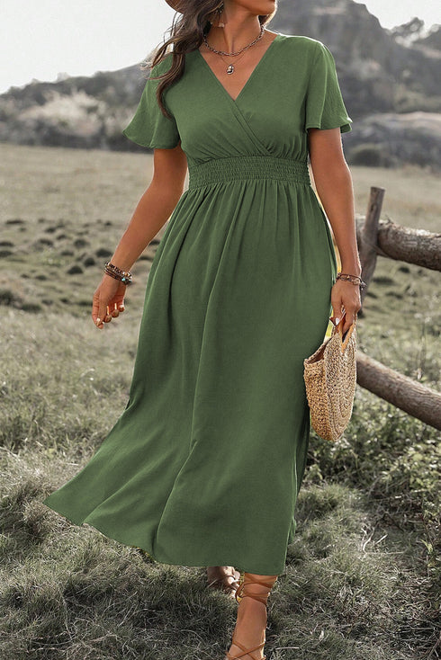 Four Leaf Clover Surplice Neckline Shirred High Waist Plus Size Maxi Dress