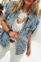 Frayed Armhole Button Front Flap Pocket Denim Vest