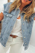 Frayed Armhole Button Front Flap Pocket Denim Vest