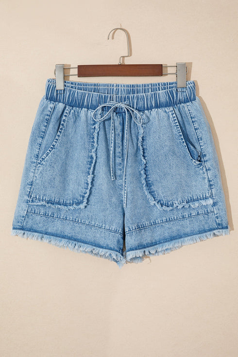 Frayed Edge Casual Patchwork Detail Denim Shorts