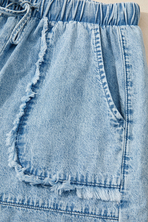 Frayed Edge Casual Patchwork Detail Denim Shorts