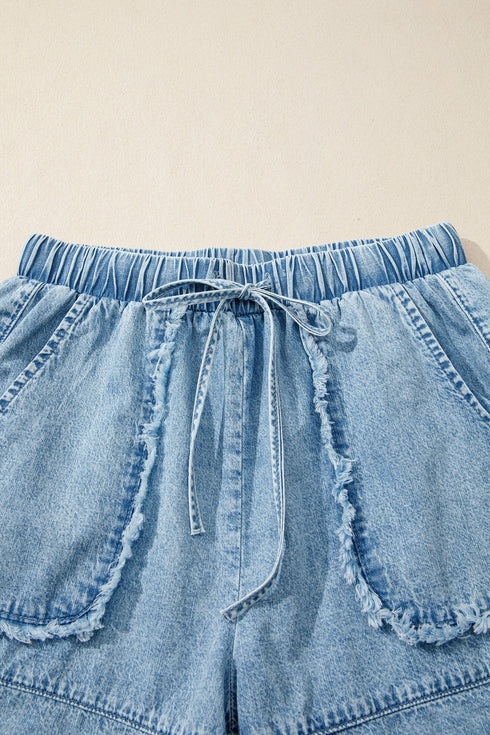 Frayed Edge Casual Patchwork Detail Denim Shorts