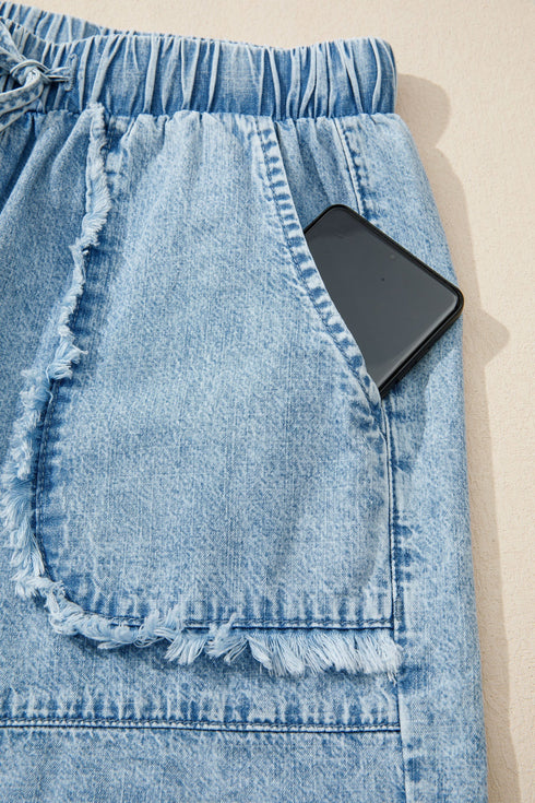 Frayed Edge Casual Patchwork Detail Denim Shorts