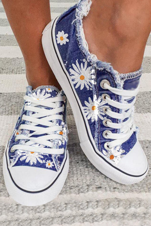 Frayed Edge Floral Pattern Denim Lace Up Sneakers