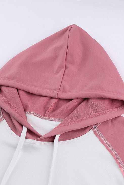 Frayed Hem Color Block Kangaroo Pocket Hoodie