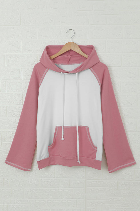 Frayed Hem Color Block Kangaroo Pocket Hoodie