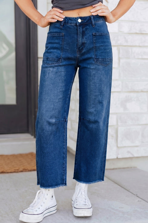 Frayed Hem Straight Leg Patchwork Cropped Denim Jeans