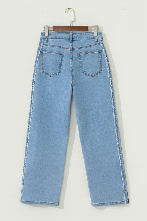 Frayed Side Panel Patchwork Striped Wide Leg Jeans