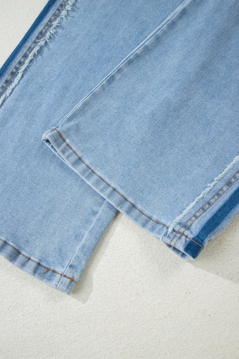 Frayed Side Panel Patchwork Striped Wide Leg Jeans